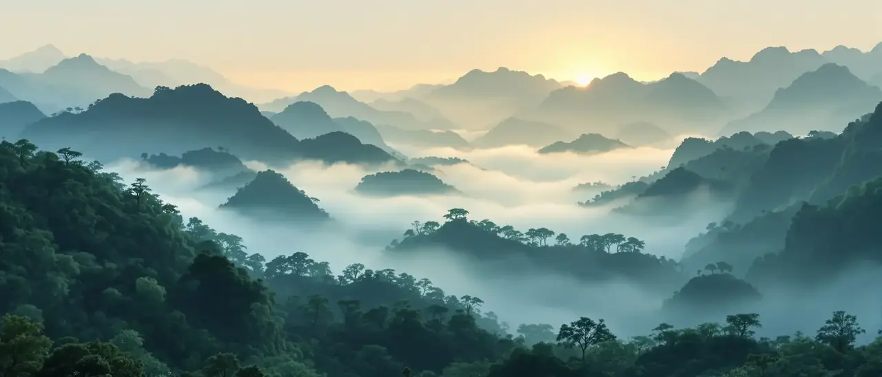 国产大片片库页首图，晨雾中山河与村落的大气场景