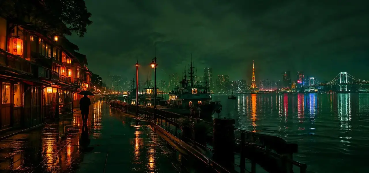 日韩大片片库页首图,雨夜港口的墨绿与暖金电影感场景